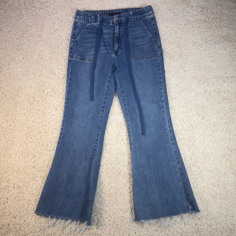 Risen Flare Jeans Womens 11/30 Blue High Rise Drawstring Raw Hem Boho RDP1476